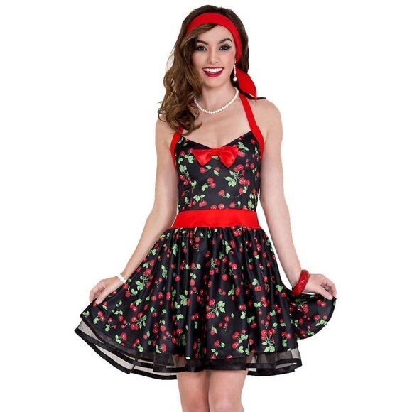 Music Legs Dresses & Skirts - Music Legs Women's Black Cherry Print Pin Up Cosplay Dress - S/M